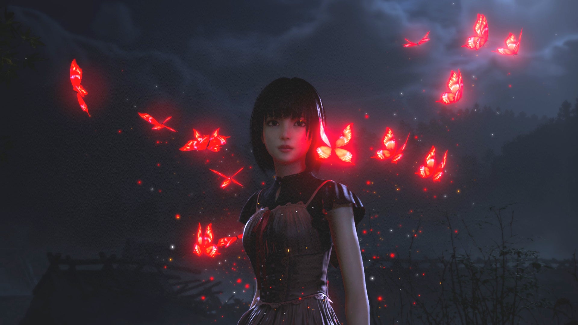 Fatal Frame 2 remake screenshot showing one of its twin sister protagonists surrounded by glowing crimson butterflies.