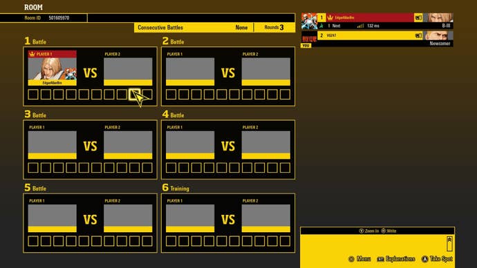 A menu from the game Fatal Fury: City of the Wolves, showing the online lobby system.
