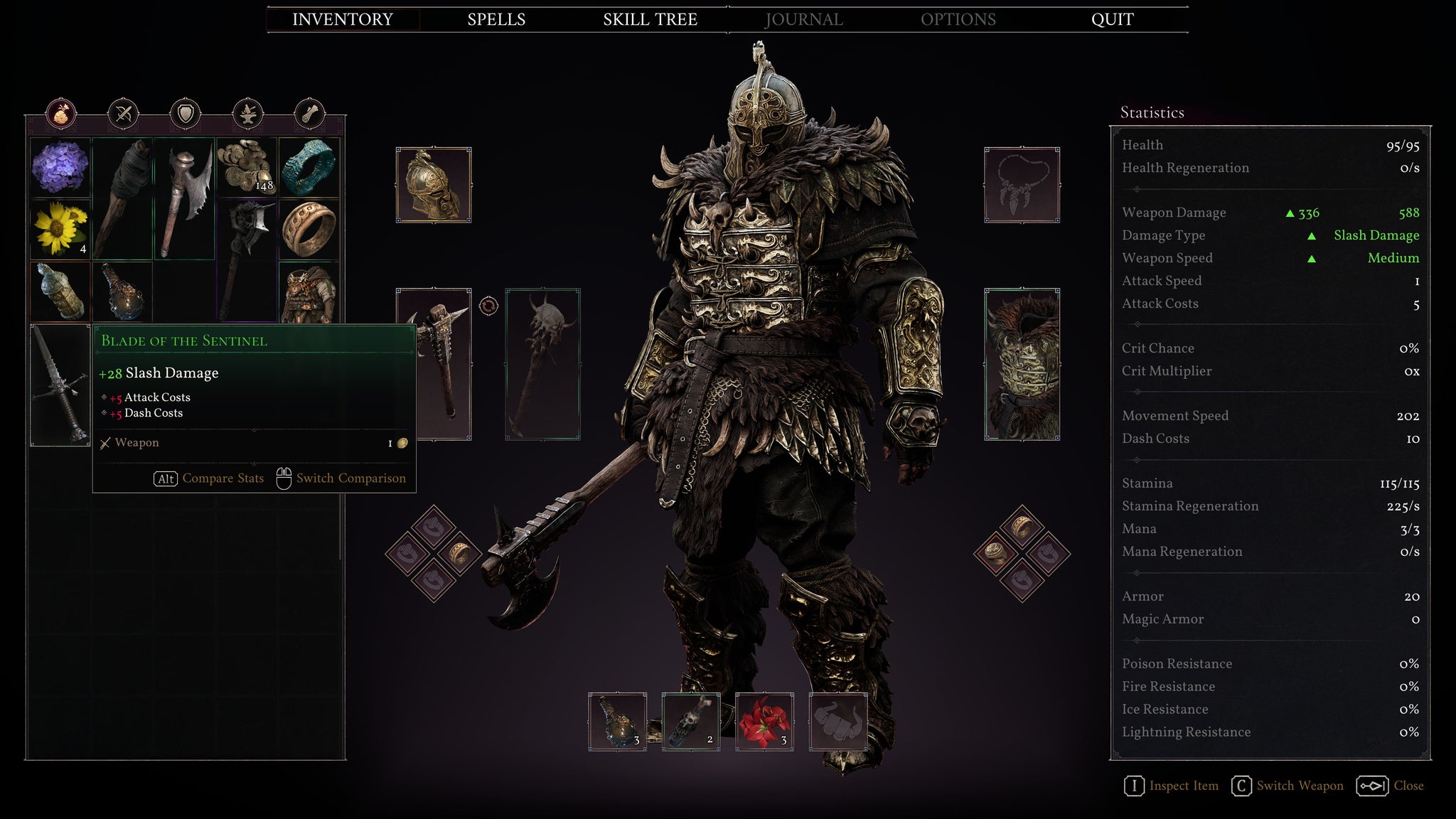 An inventory screen shows the players armour and weapons. - 6