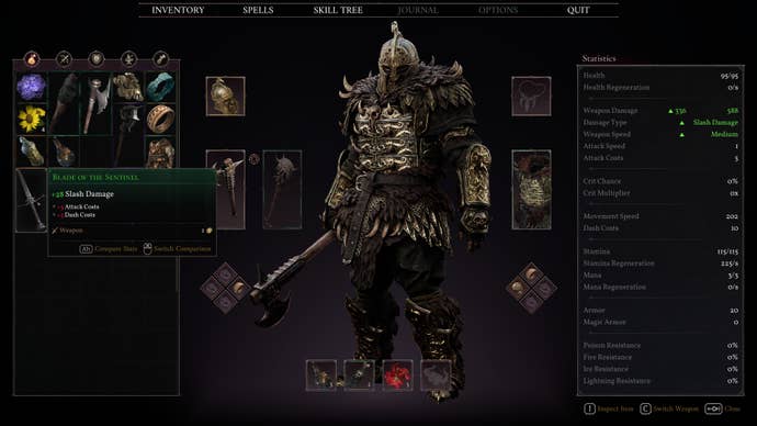 An inventory screen shows the players armour and weapons.