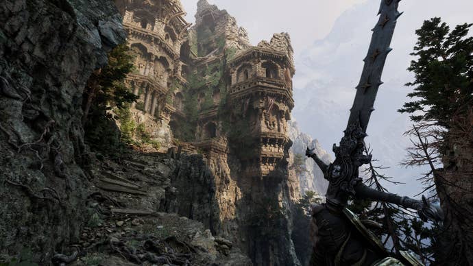 The player holds their sword in front of them as they approach a ruined temple.