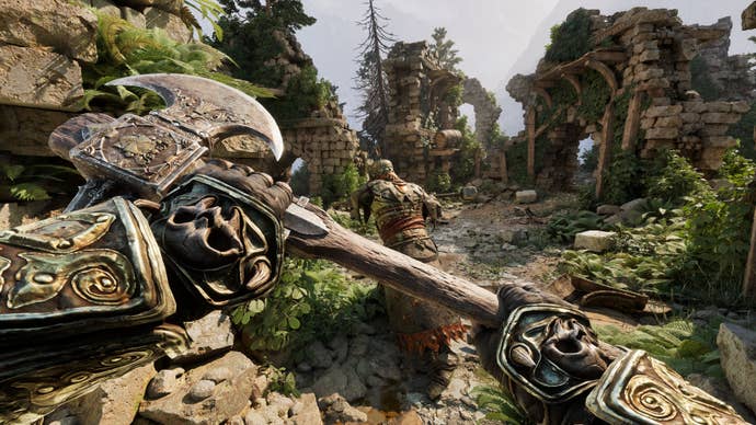 The subordinate guards against an incoming stroke with their axe.