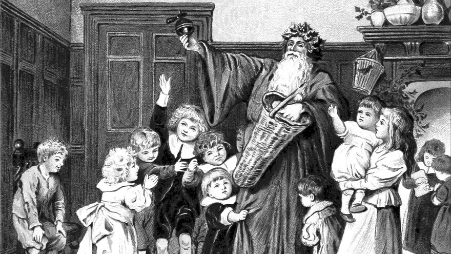 Father Christmas handing out gifts in an illustration from ‘The Coming of Father Christmas’.