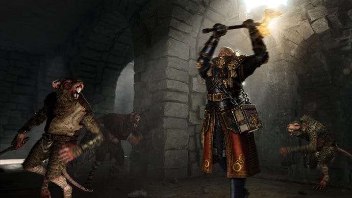 Vermintide 2’s Saltzpyre raises a glowing hammer with which to whack a rat.