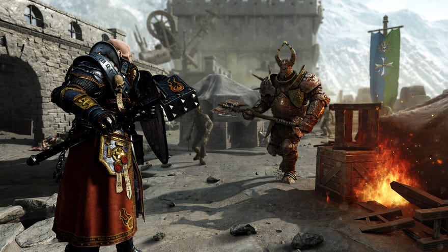 Vermintide 2’s Saltzpyre faces a large armoured enemy wearing his snazzy new Warrior Priest outfit.