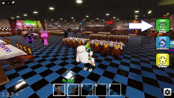 A screenshot of Fazbear World Tower Defense in Roblox showing the game’s Shop button.