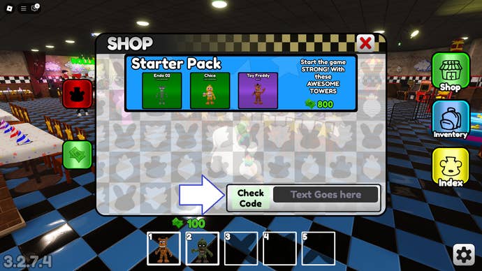 A screenshot of Fazbear World Tower Defense in Roblox showing the game’s codes field.