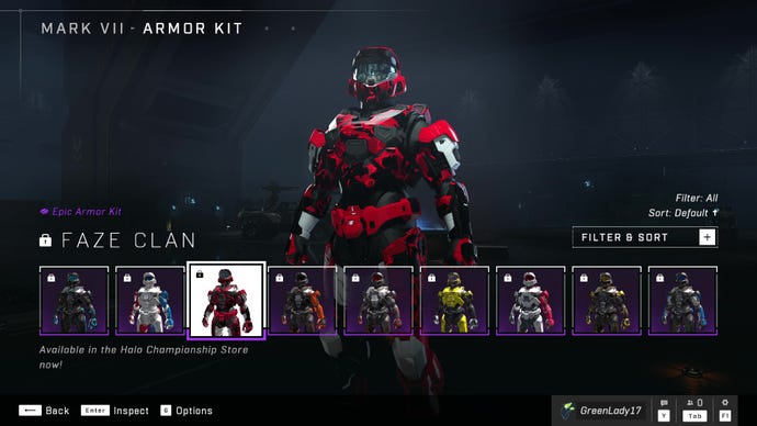 Halo Infinite’s Mark VII Armor Core, sporting the FaZe Clan Armor Kit customisation.
