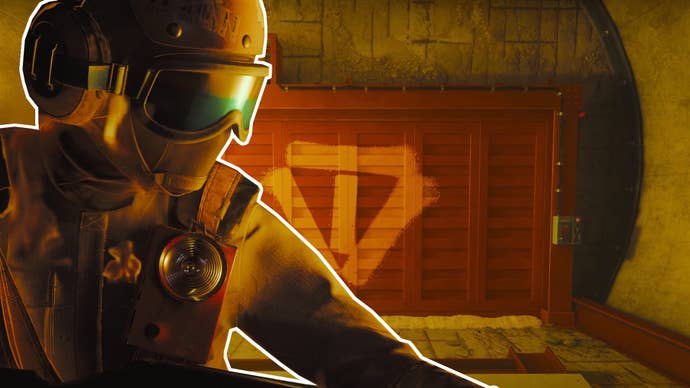 Image showing an FBC: Firebreak agent in military gear superimposed over a red safety door deep underground in the Oldest House.
