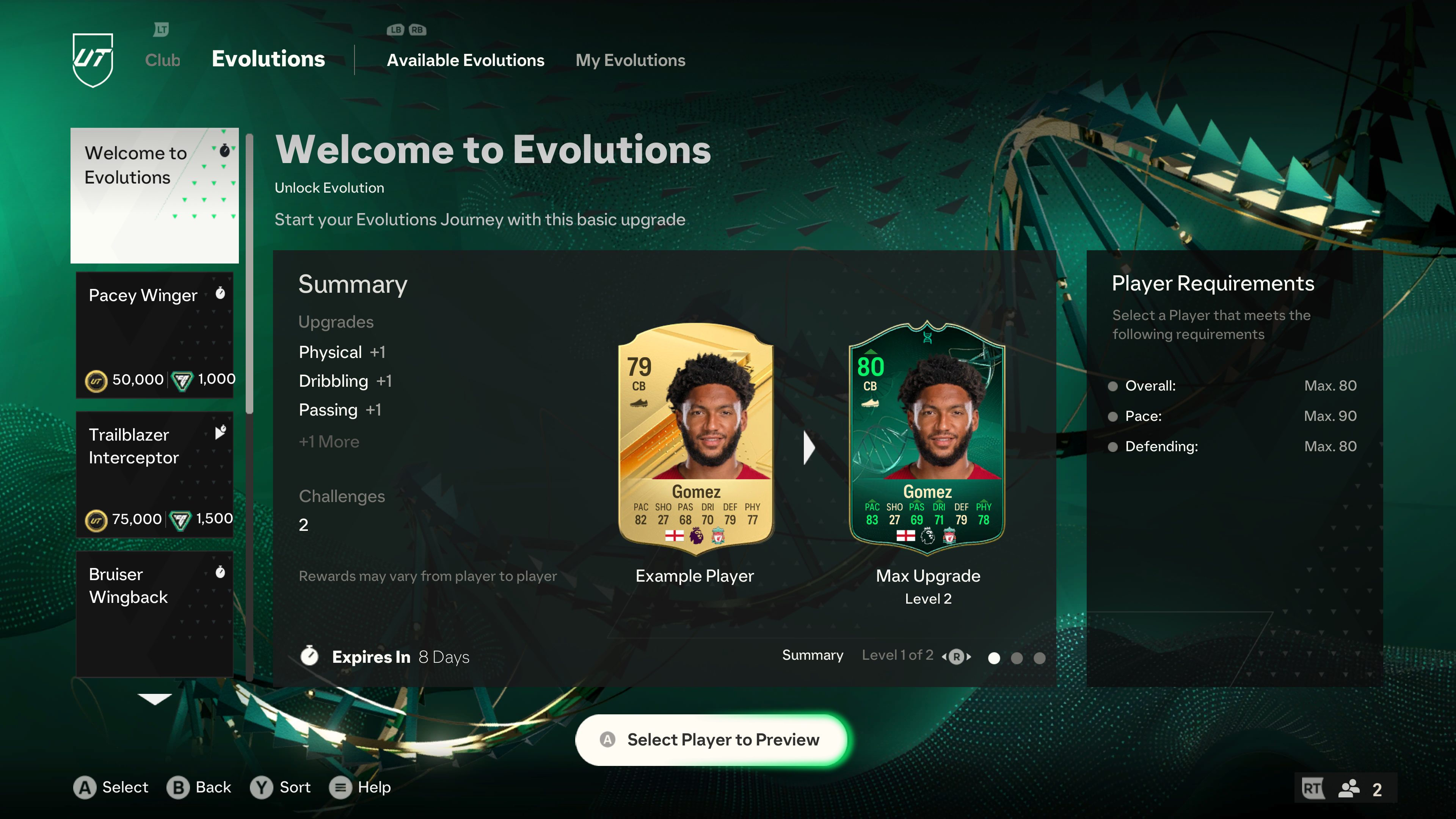 FC 24 Evolutions menu showing Gomez as an example upgrade