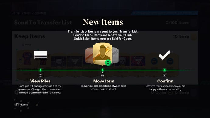 Instructions for moving and selling items in EA Sports FC 24 Ultimate Team
