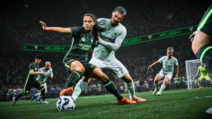 Aitana Bonmatí and Antoine Griezmann battle for the ball in the EA FC 25 Ultimate Team mode.