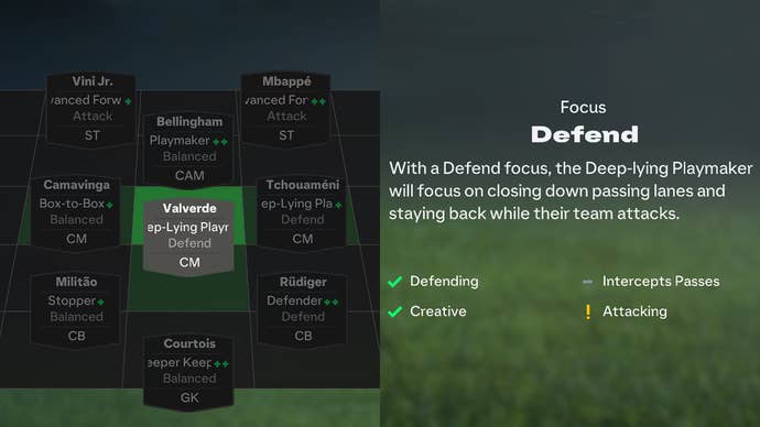 FC25 official screen showing the tactics menu as Valverde is highlighted in a Deep Lying Playermaker role