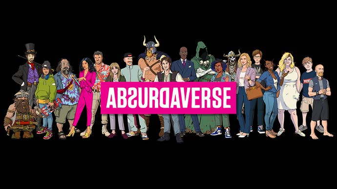 A lineup of diverse animated characters showcasing various styles and attributes stands against a black background. The central focus is the bold pink text “ABSURDVERSE,” which is flanked by characters that include a mix of historical and contemporary figures, each with distinct clothing and expressions, suggesting a variety of personalities and backgrounds.