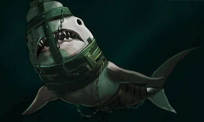 Artwork of a chained shark from Sunless Sea.