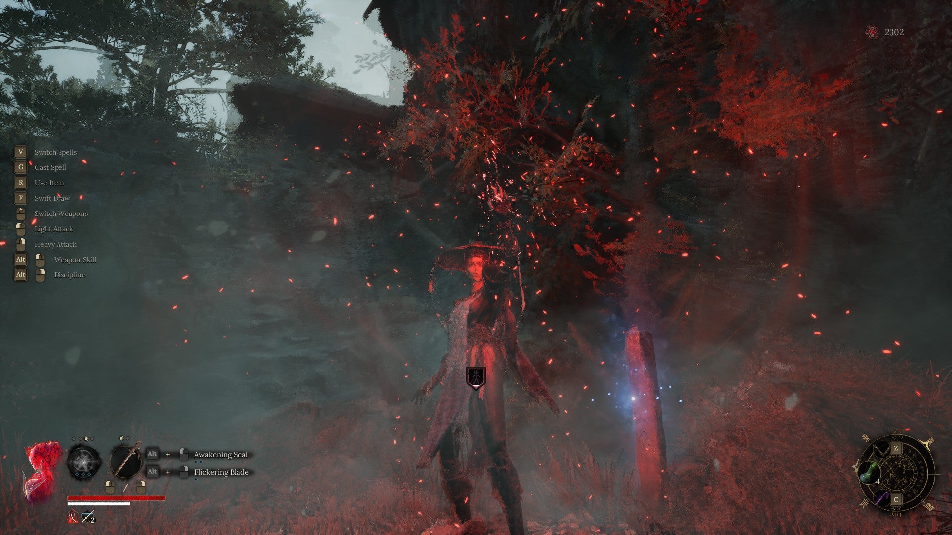 Casting a Feathering spell in Wuchang Fallen Feathers, and causing rays of red energy to fall all over the screen. - 4