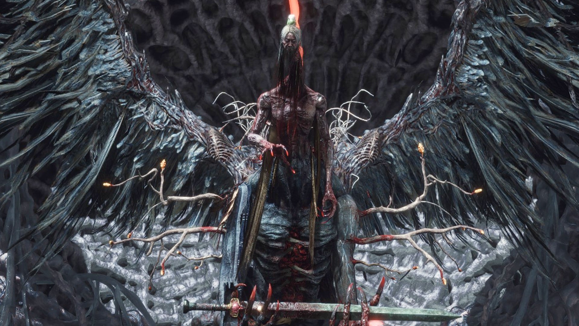 The final boss of Wuchang Fallen Feathers, Feathery Ambition - Xuanyangzi. He looks like an old man who's melded with a huge winged monstrosity. - 27