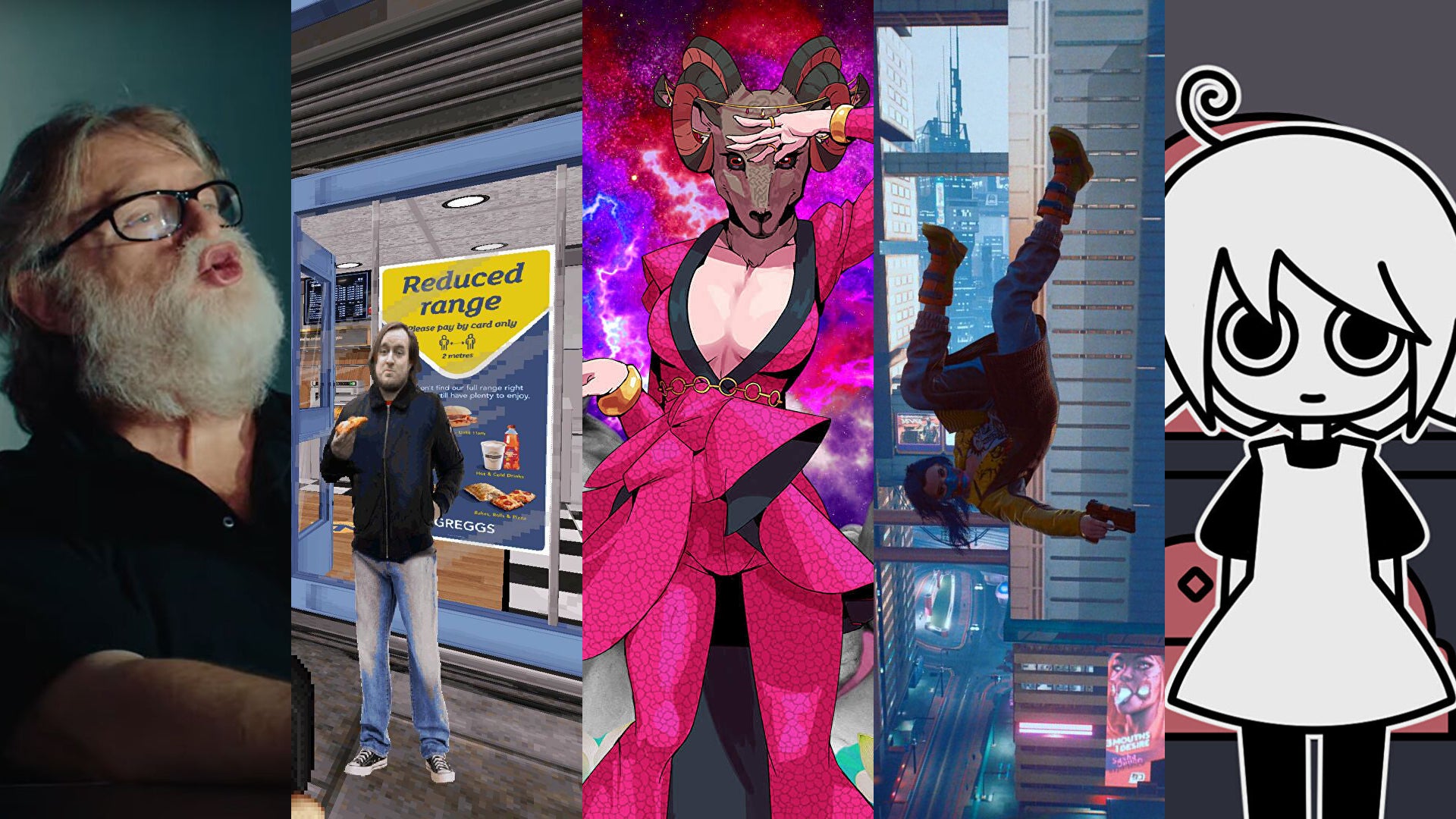 A composite image formed of screenshots from four different games and one picture of Gabe Newell. L-R: Gabe Newell doing a kissy face; the Duke Smoochem mod; Paradise Killer; Cyberpunk 2077; A Pet Shop After Dark