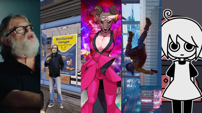 A composite image formed of screenshots from four different games and one picture of Gabe Newell. L-R: Gabe Newell doing a kissy face; the Duke Smoochem mod; Paradise Killer; Cyberpunk 2077; A Pet Shop After Dark