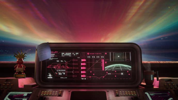 Concord official image showing a retro-future spaceship dashboard ahead of a rainbow coloured space view