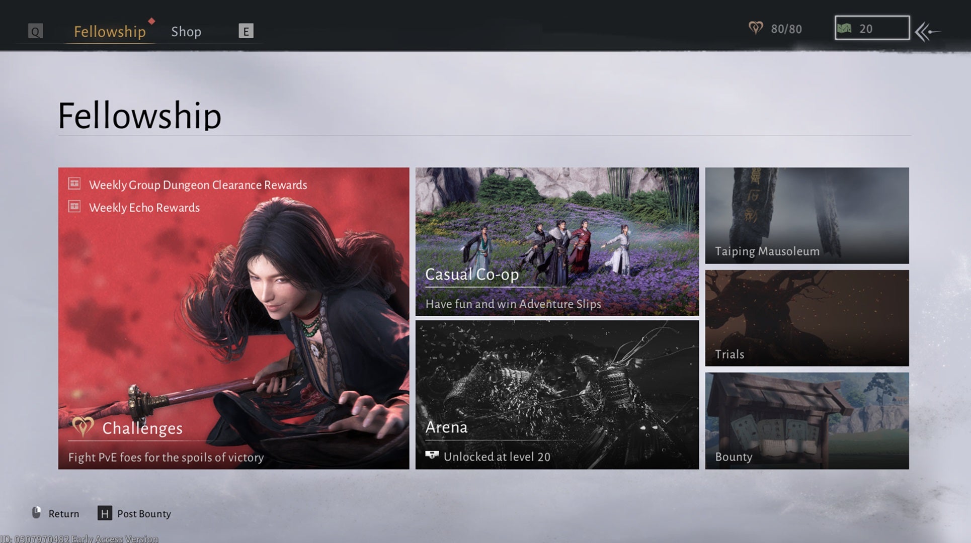 The Fellowship menu in Where Winds Meet, showing a variety of co-op activities. - 6