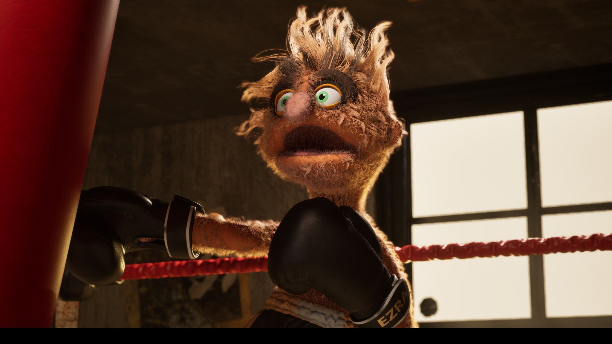 A felt puppet punches a punching bag with gloves. - 4