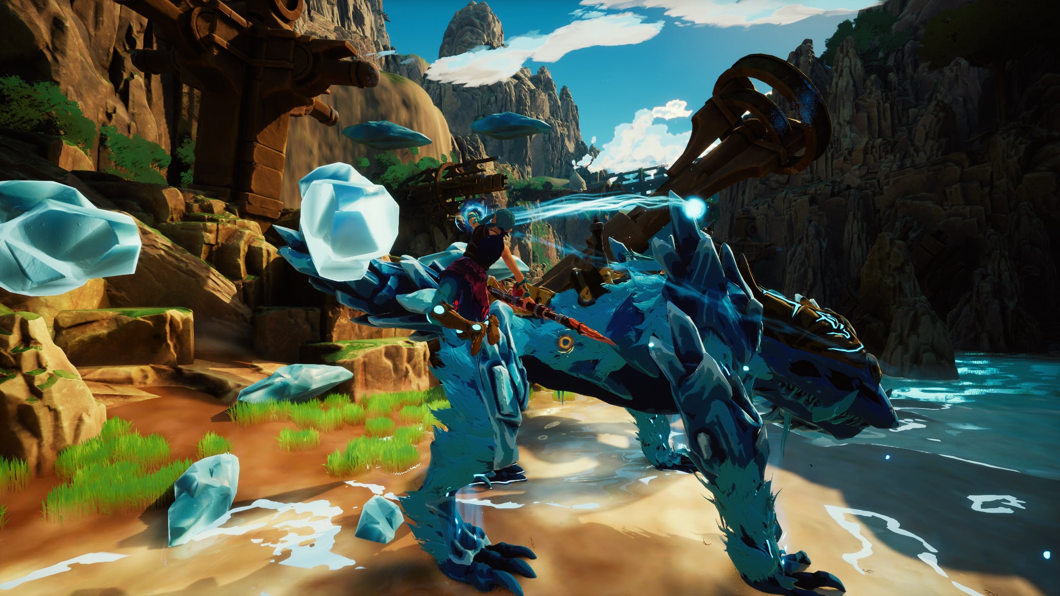 A character gliding over a Frigilith, an ice monster in Fera: The Sundered Tribes. - 1