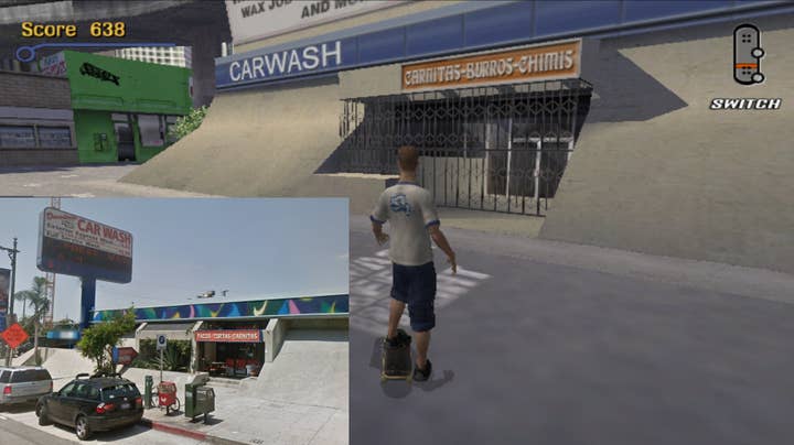 Tony Hawk's Pro Skater 3 screenshot showing a taco store in the side of a car wash with sloped walls. An inset has a real-life picture of Fernando's Taco Inn, the taco shop in a car wash with sloped walls that part of THPS3 is based on