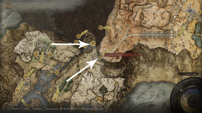 Un mapa de Elden Ring que muestra los cruces fronterizos hacia la meseta de Altus