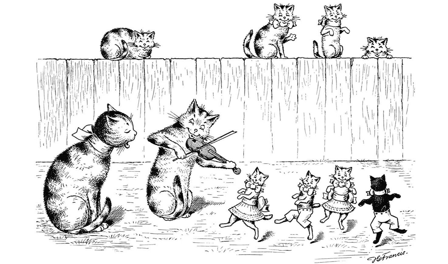 An old illustration of a cat playing a fiddle by a fence for a bunch of other clapping and dancing cats - 1