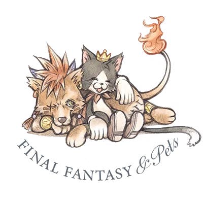 Artwork of Final Fantasy & Pets with cute Red XIII flaming beast and Cait Sith black cat with crown
