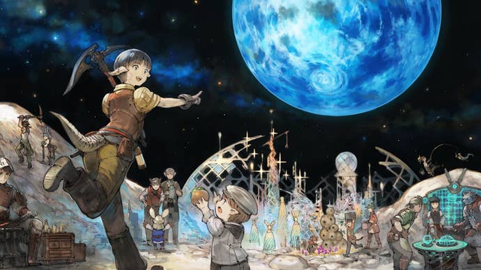 Artwork of Final Fantasy 14’s Cosmic Exploration mode showing workers pointing at a moon in space