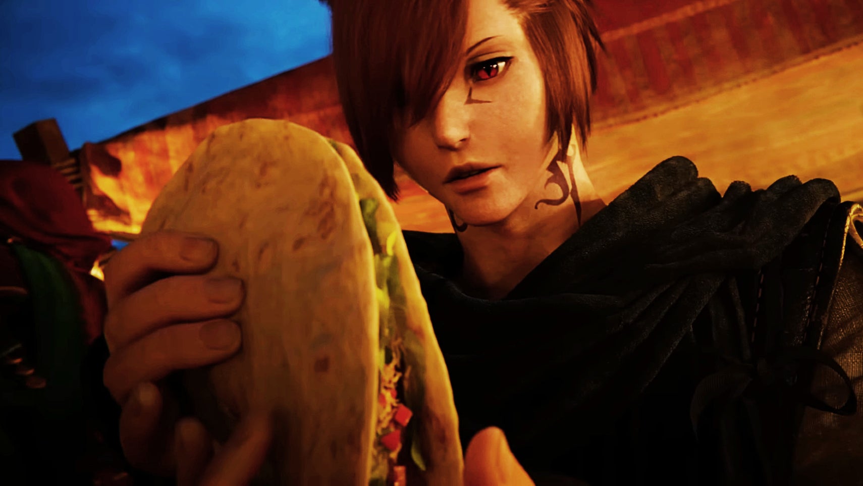 A character from Final Fantasy 14, androgynous and red-haired, stands holding a taco. They look at it longingly. - 1