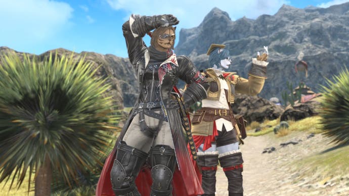 Final Fantasy 14 screenshot showing two female Hrothgar cat characters posing