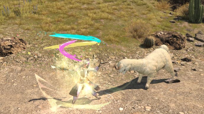 Final Fantasy 14 screenshot showing Pictomancer with rainbow swirls battling an alpaca