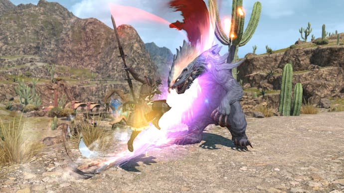Final Fantasy 14 screenshot showing Viper leaping with bright swipes against enemy