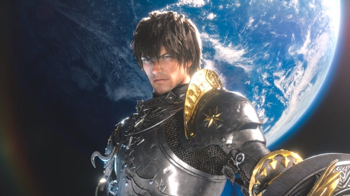A warrior with the moon behind him in Final Fantasy XIV: Endwalker