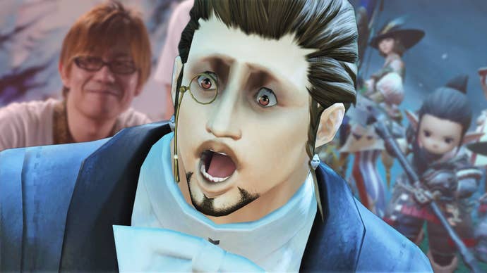 A Final Fantasy 14 character looking shocked in front of a picture of Naoki Yoshida smiling, and other Final characters posed ready to fight.