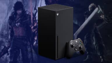 Xbox Series X/S console in front of background of Final Fantasy 16 and Final Fantasy 7 characters