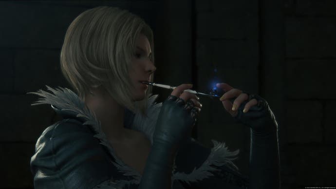 Benedikta lights a cigarette