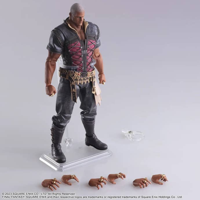 A Play Arts Kai figure of Hugo Kupka from Final Fantasy 16, standing tall with a series of hands laid out in front of the model.