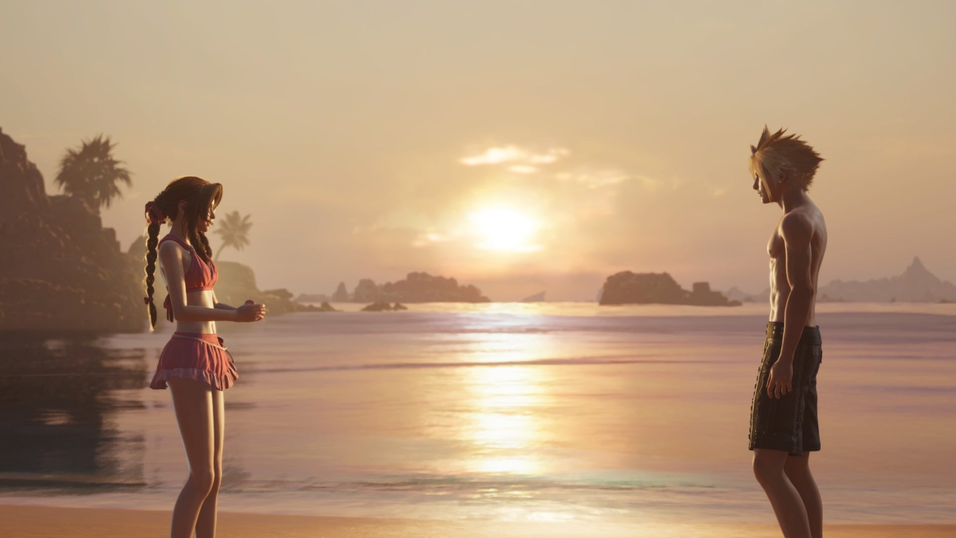 ff7 rebirth aerith and cloud on costa del sol beach at sunset