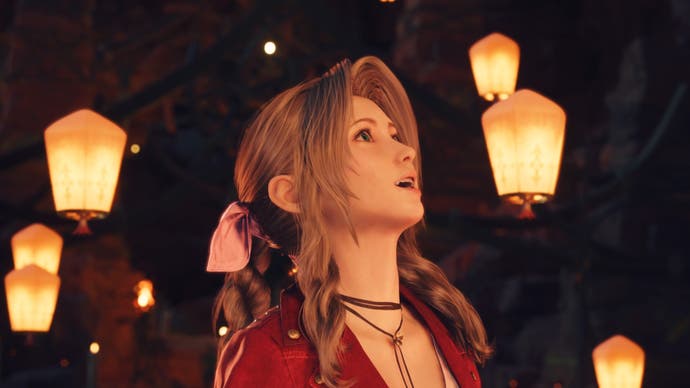 ff7 rebirth aerith looking at cosmo canyon lights