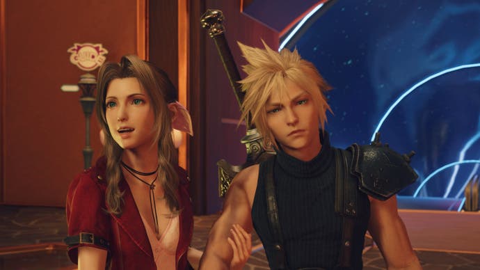 ff7 rebirth aerith pulling cloud along in gold saucer