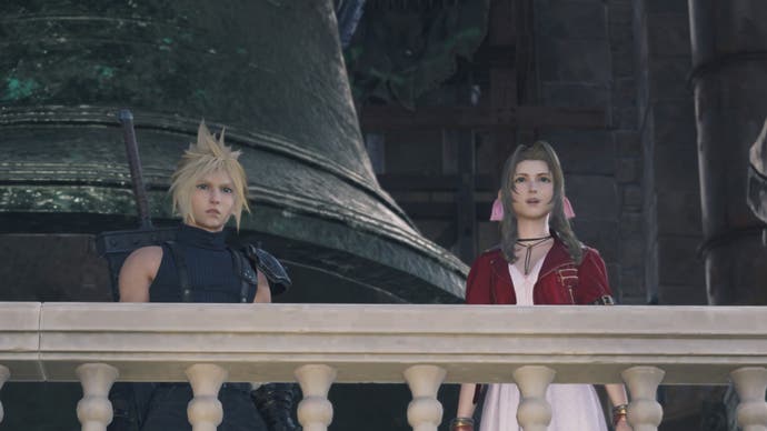 ff7 rebirth cloud and aerith in bell tower in kalm