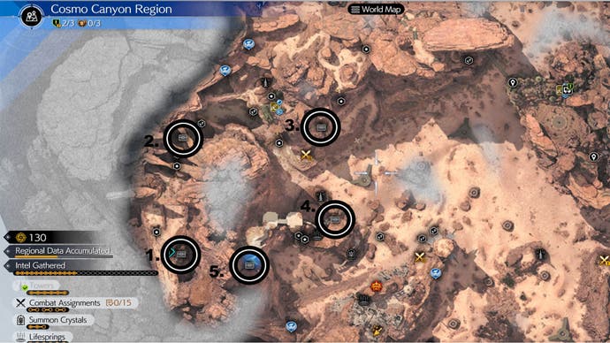 A map of Cosmo Canyon's west half with five cache locations circled.