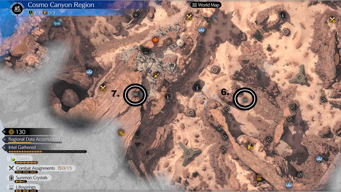 A map of the south east half of Cosmo Canyon with two cache locations circled.