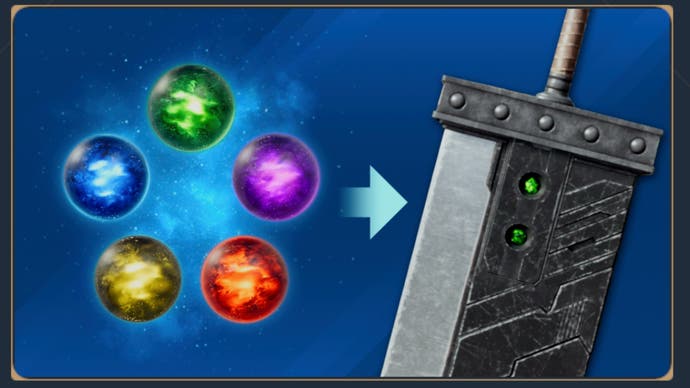Balls of Materia in different colours that are arranged in a circular diagram next to Cloud's iconic Buster Sword weapon.