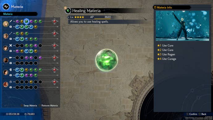 A menu in Final Fantasy 7 Rebirth showing stats for Healing Materia and the Cure spells available with it.