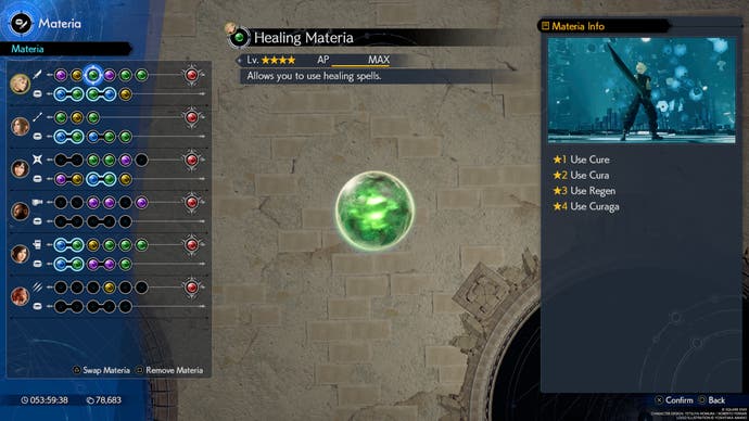 A menu in Final Fantasy 7 Rebirth showing stats for Healing Materia and the Cure spells available with it.